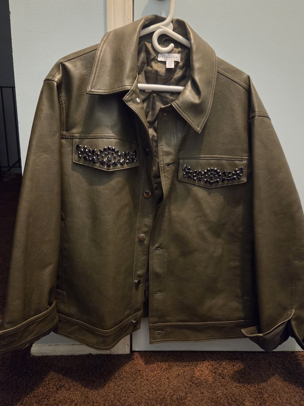 Embellished Faux Leather Jacket in Olive Like New